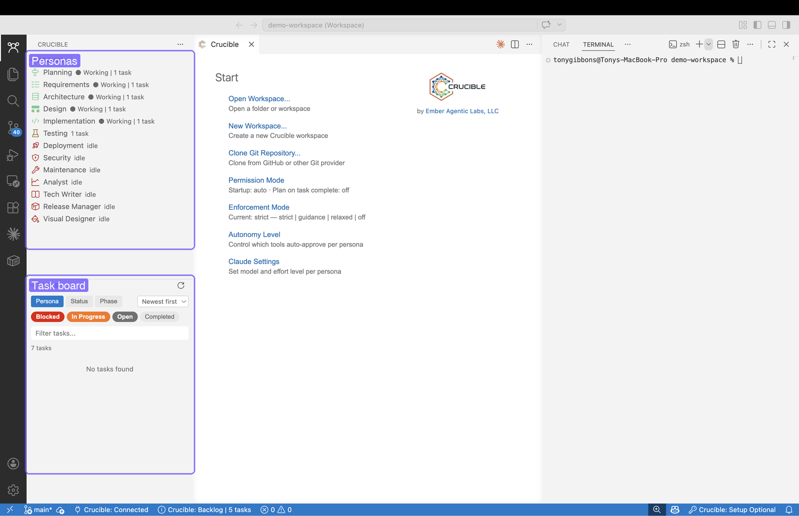 VS Code with Crucible — personas sidebar and empty task board