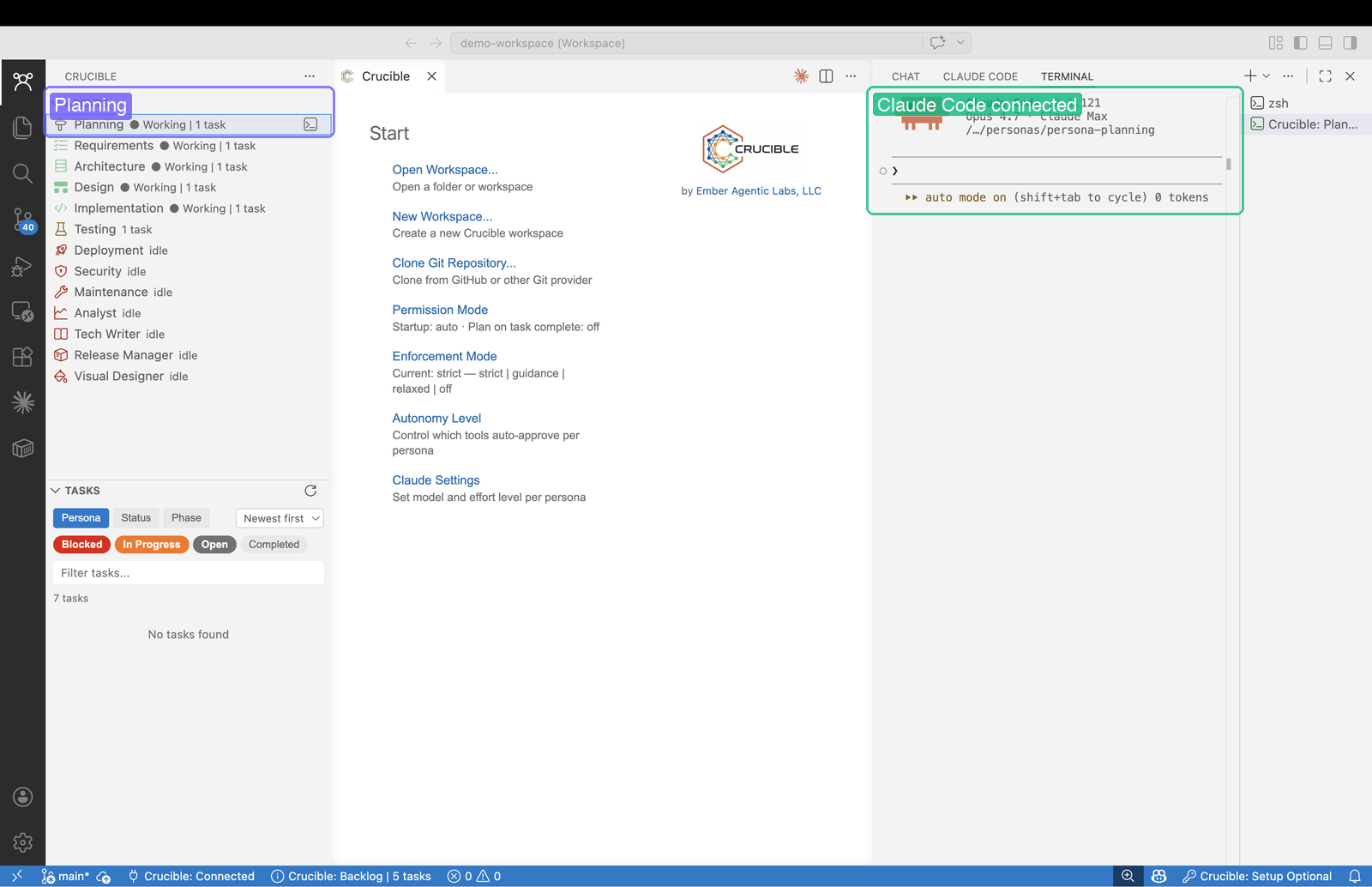 Planning persona active with Claude Code terminal