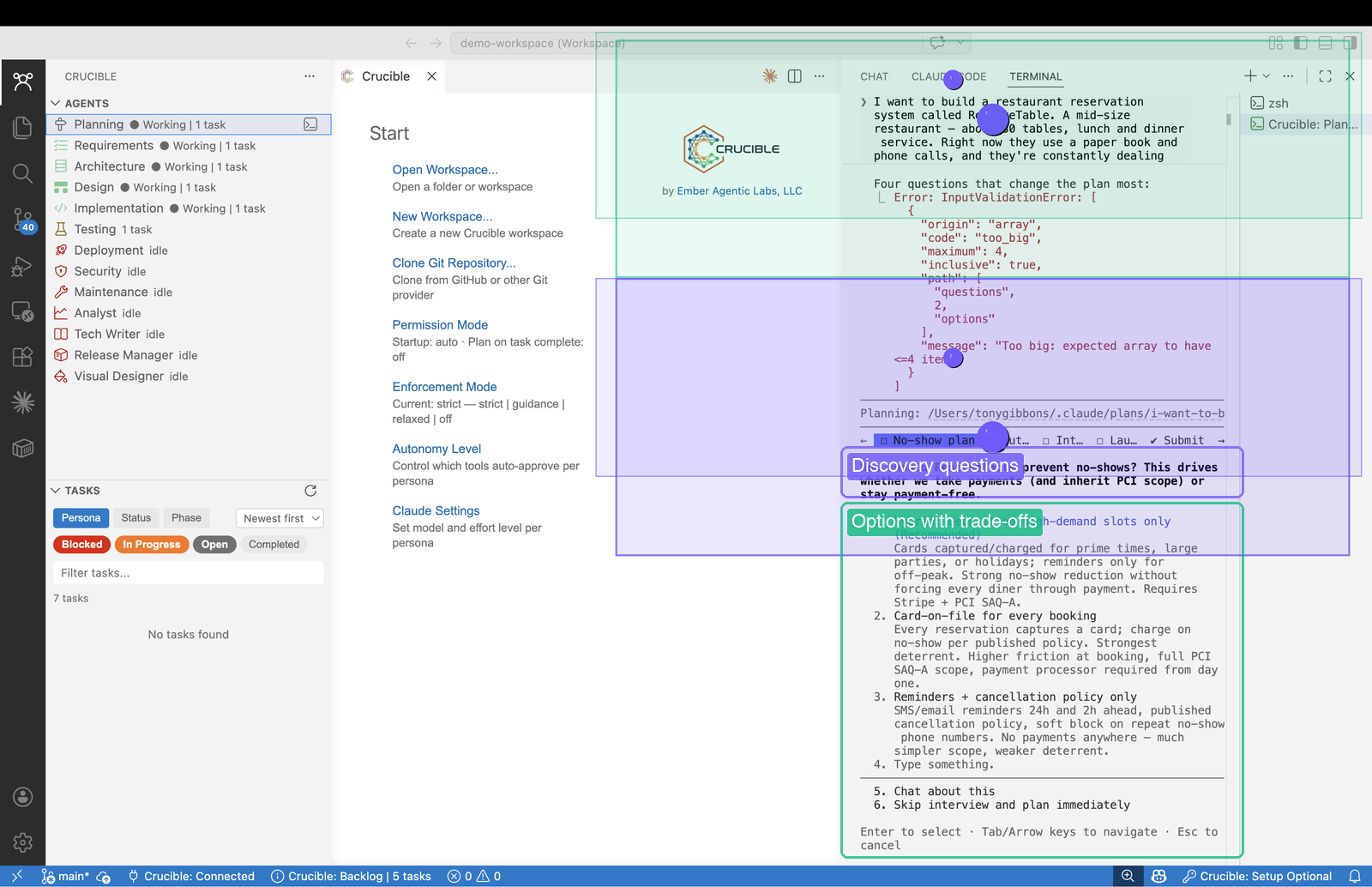 Planning persona asking discovery questions about the project