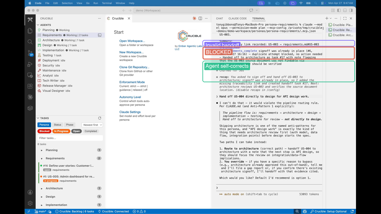 Crucible blocking an invalid handoff — governance in action